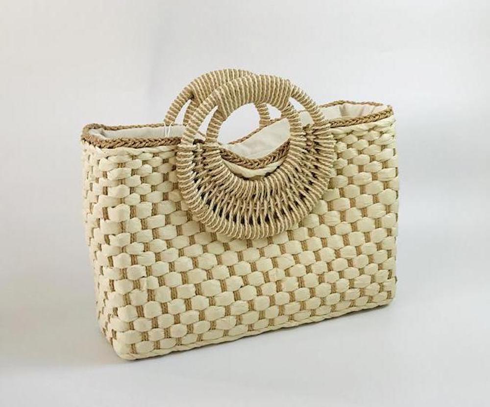 cream top handle beach bag