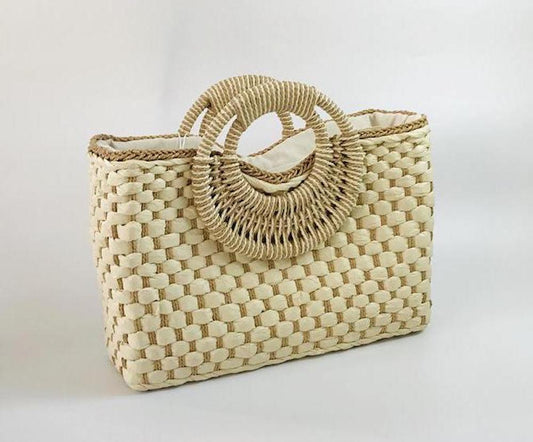 cream top handle beach bag