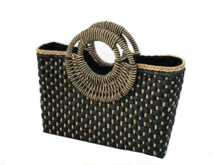 woven black top handle beach bag